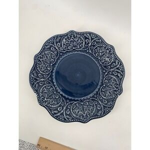 Pier 1 Chateau Clair Scalloped Indigo Blue Embossed Dinner Plate 10.75" 6‎ avail
